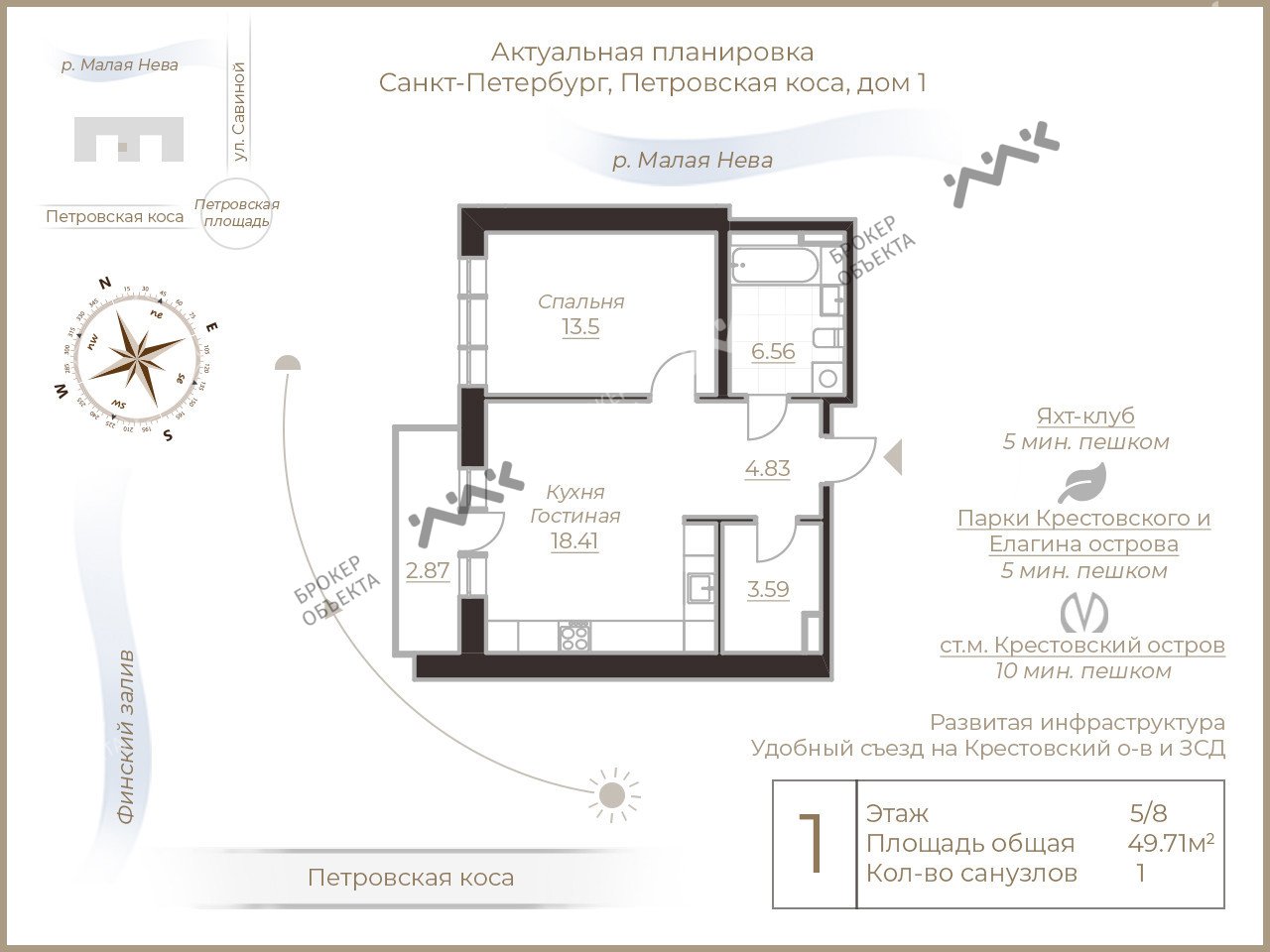 1 комн. кв. 49.71 m2 5/8 этаж Петровская коса, д.1, к.2, лит.А Купить по  цене 21900000 ₽