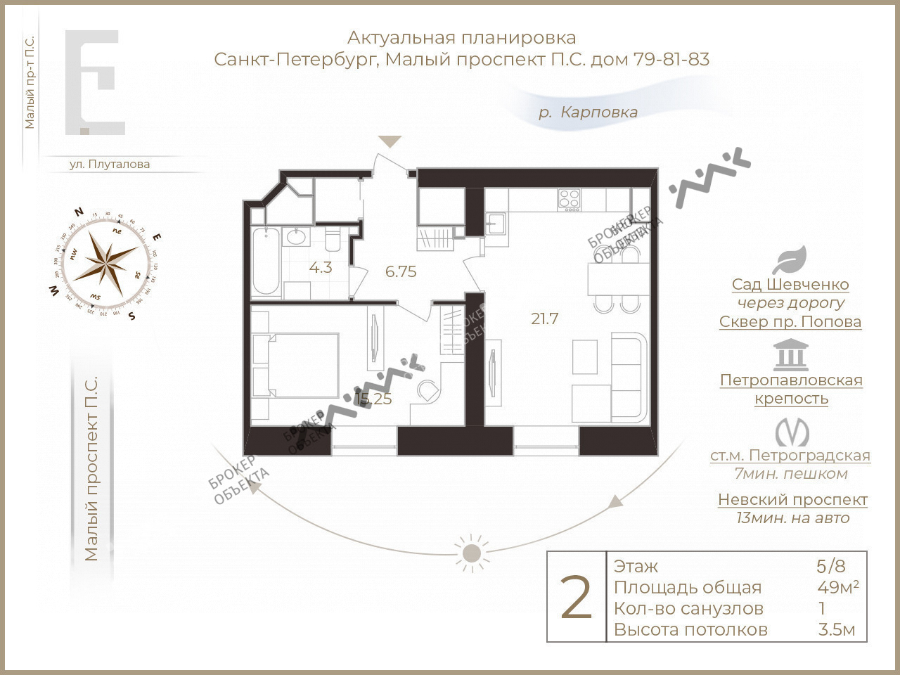 1 комн. кв. 48 m2 5/8 этаж Малый П.С. проспект, д.79-81-83 Купить по цене  18000000 ₽