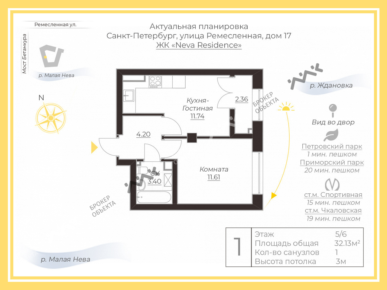 1 комн. кв. 31.65 m2 5/9 этаж Ремесленная ул., д.17, к.3 Купить по цене  15900000 ₽